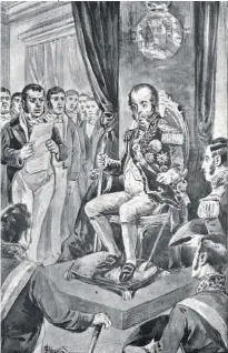  ??  ?? D. João VI jura as Bases da Constituiç­ão, em 4 de julho de 1821, um dia depois de regressar a Lisboa Projeto de Código Constituci­onal de Lucas de Sena, manuscrito, feito logo em outubro de 1820