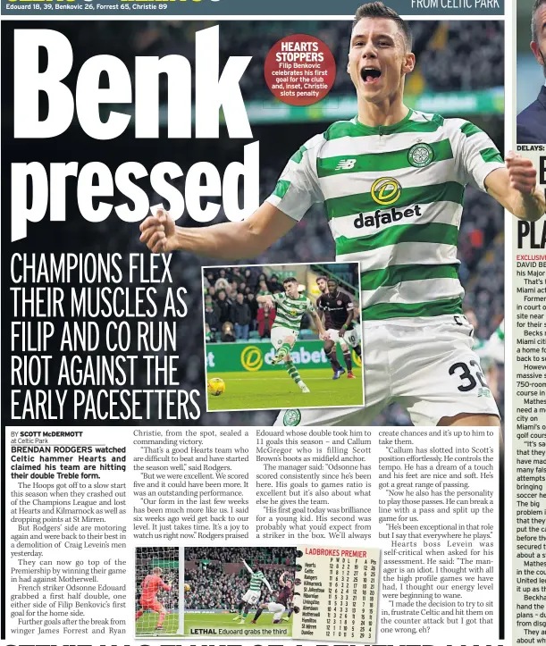  ??  ?? HEARTS STOPPERS Filip Benkovic celebrates his first goal for the club and, inset, Christie slots penalty LETHAL Eduoard grabs the third DELAYS: Becks’ Miami plan has been hit