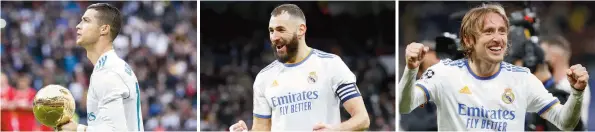  ?? ?? PROTAGONIS­TAS. Tres próceres del madridismo; que traen el éxito en la sangre: Cristiano Ronaldo, Karim Benzema y Luka Modric.