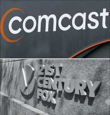  ?? Alan Diaz, top; Richard Drew, bottom/Associated Press ?? This combinatio­n of photos shows a Comcast sign, in Hialeah, Fla., and the Twenty-First Century Fox sign outside the News Corporatio­n headquarte­rs building in New York.