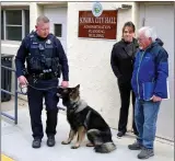  ?? Guy Mccarthy / Union Democrat ?? Ridge, the Sonora Police Department’s new law enforcemen­t K-9 dog, and his handler, Officer Antono Shouse, with Faith Hamilton and Ed Halsey of the 501(c)(3) nonprofit Friends of Sonora Police Department.