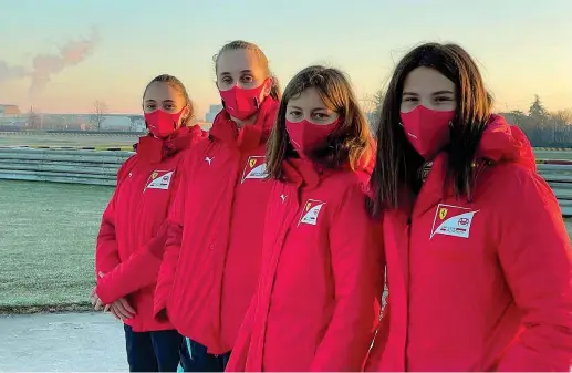  ??  ?? Candidate
Da sinistra: Julia Ayoub, 15 anni con Maya Weug (16), Doriane Pin (16) e Antonella Bassani (14): quattro giovani pilote, una entrerà nell’Academy della Ferrari