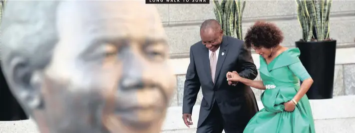  ??  ?? PRESIDENT Cyril Ramaphosa arrives to deliver his crucial State of the Nation Address at Parliament in Cape Town with Speaker Baleka Mbete. As he passed Nelson Mandela’s statue it was as if Madiba was watching over him. Ramaphosa faced pressure to deliver a speech that would tackle the issues that have been haunting South Africa, such as corruption, attracting foreign investment, the ailing economy and the growing army of unemployed. | MIKE HUTCHINGS Reuters