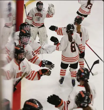  ?? NANCY LANE / HERALD STAFF FILE ?? ON THE BOARD: Woburn players celebrate scoring in its Div. 1 semifinal win.