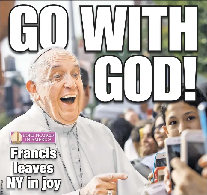  ??  ?? After his visit to New York, including a stop (above) at Our Lady Queen of Angels School in East Harlem, Pope Francis is leaving today for Philadelph­ia.