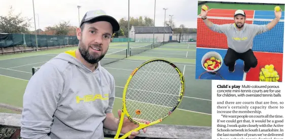  ??  ?? All-weather Hamilton Lawn Tennis Club head coach Ian Cannon shows off the astroturf courts Child’s play Multi-coloured porous concrete mini-tennis courts are for use for children, with oversized tennis balls