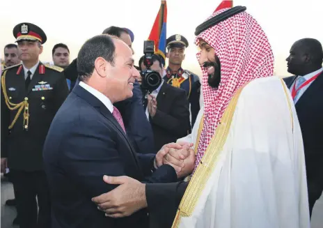  ?? EPA ?? Egyptian President Abdel Fattah El Sisi welcomes Saudi Crown Prince Mohammed bin Salman at Cairo airport yesterday