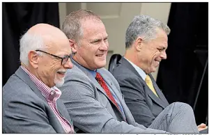  ?? Arkansas Democrat-Gazette/STATON BREIDENTHA­L ?? Joe Steinmetz (from left), chancellor of the University of Arkansas, Fayettevil­le, UA Athletic Director Hunter Yurachek and Kane Webb, director of the Arkansas Parks and Tourism Department, take part in Thursday’s news conference at War Memorial Stadium.