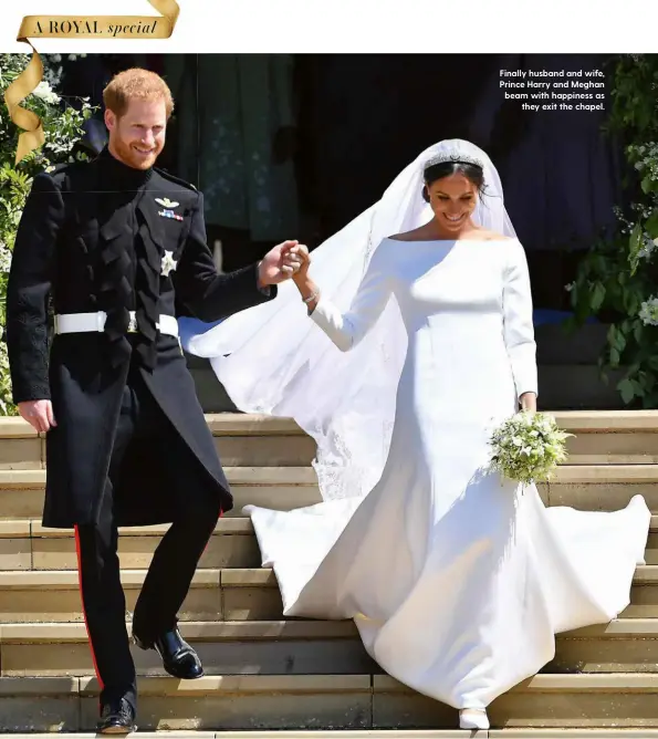  ??  ?? Finally husband and wife, Prince Harry and Meghan beam with happiness as they exit the chapel.