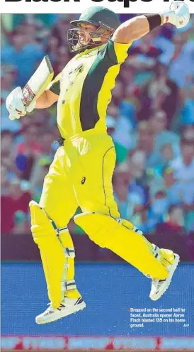  ??  ?? Dropped on the second ball he faced, Australia opener Aaron Finch blasted 135 on his home ground. AFP