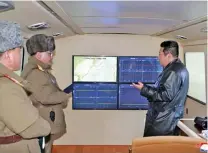  ?? ?? Photo provided by the North Korean government shows its leader Kim Jong Un (right) looking at the monitors as a test launch of a missile on Tuesday