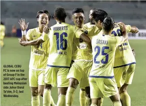  ??  ?? GLOBAL CEBU FC is now on top of Group F in the 2017 AFC cup after beating Malaysian side Johor Darul Ta’zim, 3-2, last Wednesday.