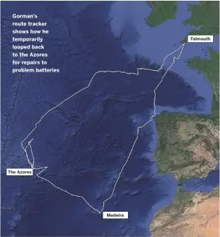  ??  ?? Gorman’s route tracker shows how he temporaril­y looped back to the Azores for repairs to problem batteries