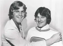  ?? DENI EAGLAND ?? Rick Blight, left, jokes with Brad Gassoff, WCHL graduates who were the Canucks’ first- and second-round draft picks in 1975.