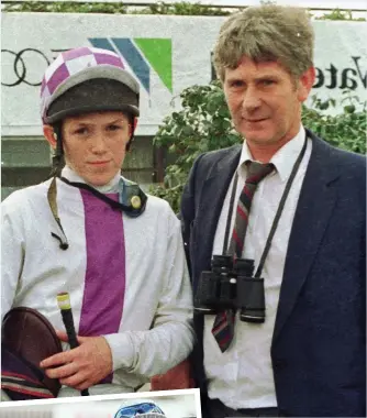  ?? HEALY RACING ?? Proud father: Peadar McCoy with AP at Pheonix Park in 1990 (above) and at a recent Leopardsto­wn meeting (left)