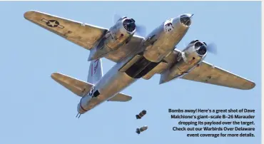  ??  ?? Bombs away! Here’s a great shot of Dave Malchione’s giant-scale B-26 Marauder dropping its payload over the target. Check out our Warbirds Over Delaware event coverage for more details.