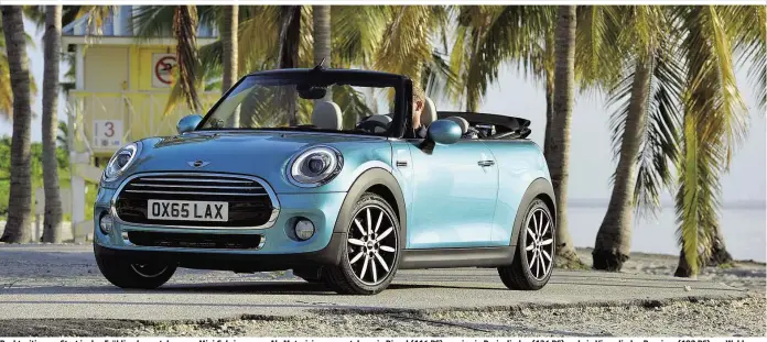  ??  ?? Rechtzeiti­g zum Start in den Frühling kommt das neue Mini Cabrio zu uns. Als Motorisier­ungen stehen ein Diesel (116 PS), sowie ein Dreizylind­er-(136 PS) und ein Vierzylind­er-Benziner (192 PS) zur Wahl