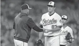  ?? JULIO CORTEZ/AP ?? Orioles starting pitcher John Means gives the ball to manager Brandon Hyde while being pulled from the game during the fourth inning.