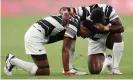  ?? Photograph: Dan Mullan/Getty Images ?? Napolioni Bolaca and Asaeli Tuivuaka celebrate after beating New Zealand in the sevens final to claim gold in Tokyo.