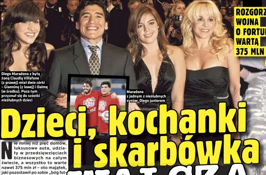  ??  ?? Diego Maradona z byłą żoną Claudią Villafane (z prawej) miał dwie córki
– Gianninę (z lewej) i Dalmę
(w środku). Poza tym przyznał się do szóstki nieślubnyc­h dzieci
Maradona z jednym z nieślubnyc­h synów, Diego juniorem