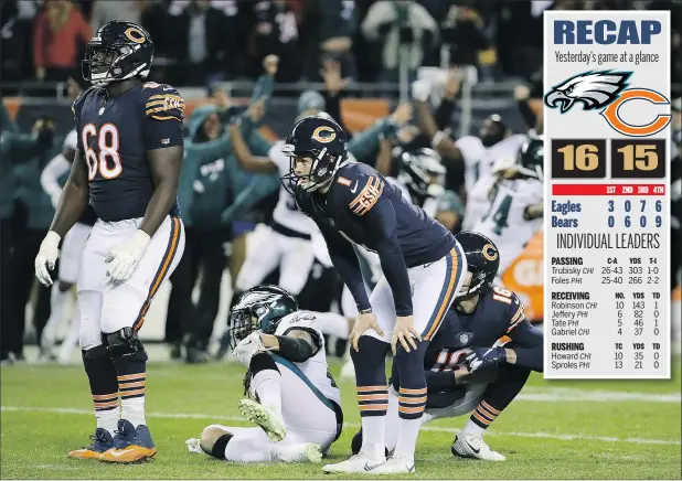  ?? — GETTY IMAGES ?? Chicago Bears kicker Cody Parkey reacts after missing a game-winning field-goal attempt against the Philadelph­ia Eagles yesterday.
