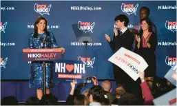  ?? SOPHIE PARK/THE NEW YORK TIMES ?? Nikki Haley addresses supporters Tuesday during her campaign watch party in Concord, New Hampshire, after losing the primary to Donald Trump.