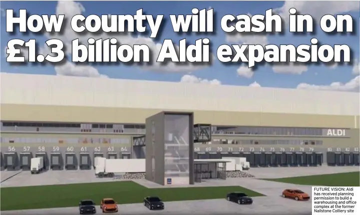  ?? ?? FUTURE VISION: Aldi has received planning permission to build a warehousin­g and office complex at the former Nailstone Colliery site