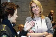  ?? STEVE SCHAEFER / SPECIAL TO THE AJC ?? NFL Head of Security Cathy Lanier (right) talks with Atlanta Police Chief Erika Shields before the start of the Super Bowl LIII Executive Public Safety Tabletop Exercise on Nov. 5.