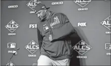  ?? SETH WENIG/AP PHOTO ?? Yankees pitcher CC Sabathia arrives at a news conference Friday to answer questions before Game 5 of the American League Championsh­ip Series against the Astros in New York.