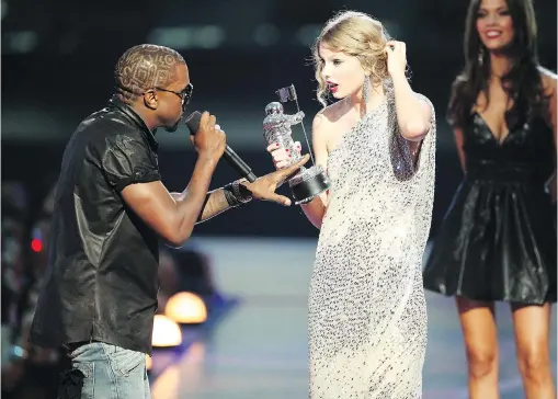  ?? CHRISTOPHE­R POLK/GETTY IMAGES ?? When Kanye West, left, interrupte­d Taylor Swift's acceptance speech at the 2009 MTV Music Video Awards, it triggered an on-again, off-again feud between the two — one that author Steven Hyden says can reflect society’s stances on sexism and racism.