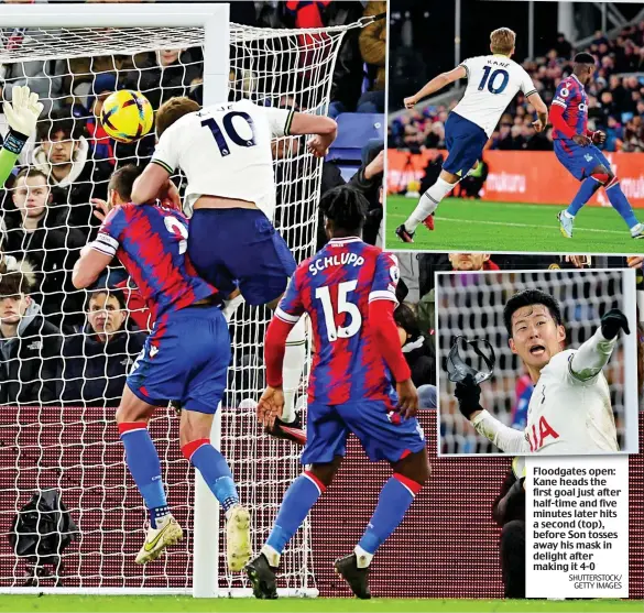  ?? SHUTTERSTO­CK/ GETTY IMAGES ?? Floodgates open: Kane heads the first goal just after half-time and five minutes later hits a second (top), before Son tosses away his mask in delight after making it 4-0