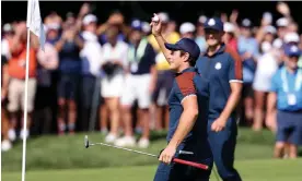  ?? Photograph: Richard Heathcote/Getty Images ?? Europe’s Viktor Hovland celebrates after a hole-in-one on the fifth at Marco Simone.