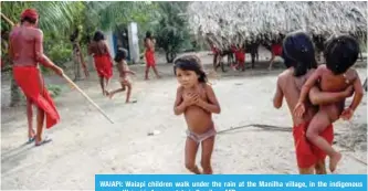  ?? — AFP ?? WAIAPI: Waiapi children walk under the rain at the Manilha village, in the indigenous reserve Waiapi in Amapa state in Brazil.