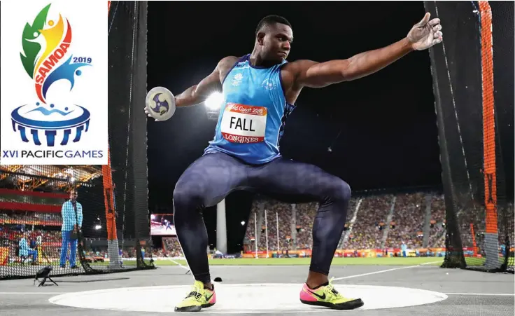  ?? Photo: Zimbio ?? Mustafa Fall during the 2018 Commonweal­th Games in Gold Coast, Australia. Fall is our gold medal hope in discuss and shot put at the Pacific Games on July 7-20.