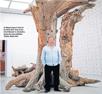 ??  ?? Ai Weiwei poses in front of his 2010 work Trees at the Israel Museum in Jerusalem, during his new exhibition ‘Maybe, Maybe Not’.