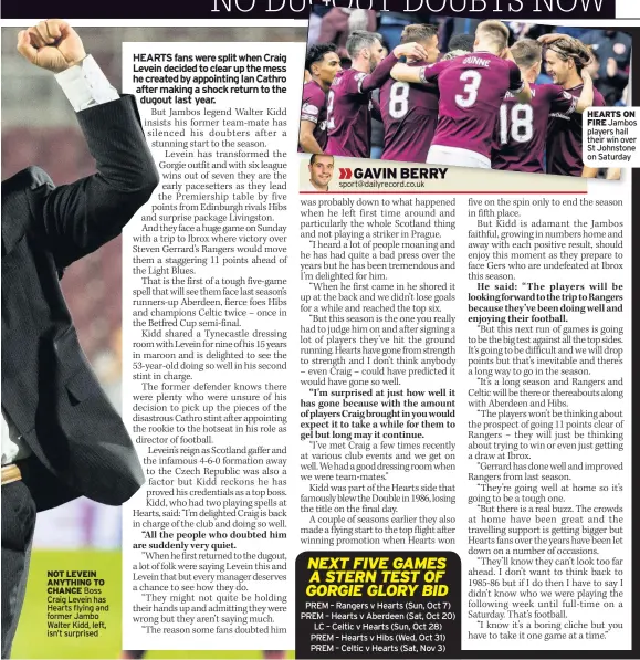  ??  ?? NOT LEVEIN ANYTHING TO CHANCE Boss Craig Levein has Hearts flying and former Jambo Walter Kidd, left, isn’t surprised HEARTS ON FIRE Jambos players hail their win over St Johnstone on Saturday