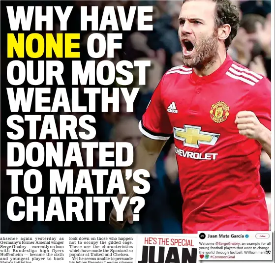  ??  ?? Sportsmail hailed the initiative on August 5 and (above) Mata took to Twitter to thank Gnabry for joining yesterday