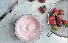  ??  ?? Creamy mascarpone is flavoured with puréed strawberri­es.