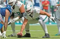  ?? JOHN MCCALL/SOUTH FLORIDA SUN SENTINEL ?? Dolphins center Connor Williams’ status for Sunday’s game could be in doubt.