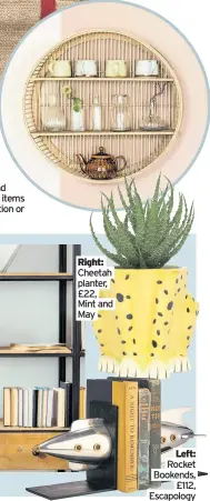  ??  ?? Right:
Cheetah planter, £22, Mint and May
Below: Bamboo Cane shelving, from £75, Graham and Green
Left:
Rocket Bookends, £112, escapology