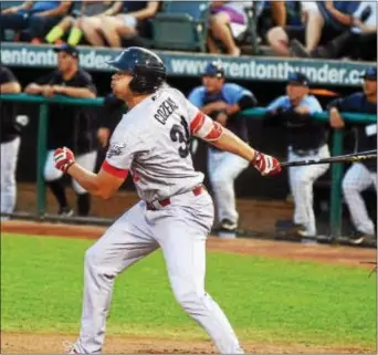  ?? GREGG SLABODA — DIGITAL FIRST MEDIA ?? Dylan Cozens, shown unleashing a powerful swing during to get the hang of Triple-A pitching with the Iron Pigs. his time with Reading, is trying