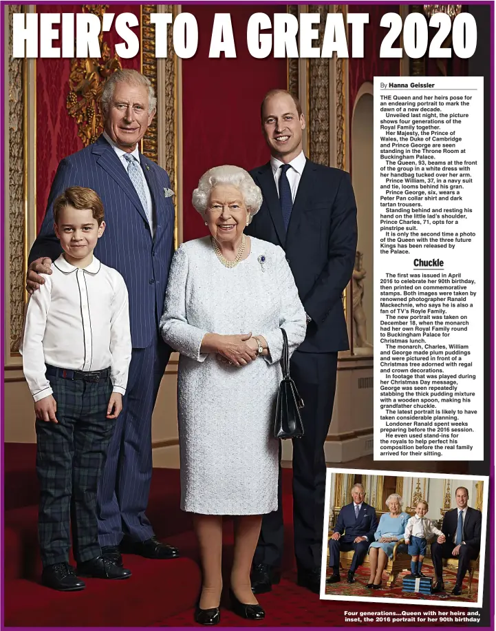  ?? Pictures: PA ?? Four generation­s...Queen with her heirs and, inset, the 2016 portrait for her 90th birthday