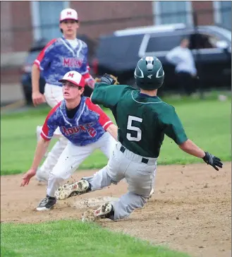  ?? Photo by Ernest A. Brown ?? Mount St. Charles second baseman Martin Piette (2) waits for a throw as a Ponaganset’s runner steals second base in the third inning of the Chieftains’ 6-4 victory over the Mounties Tuesday afternoon.