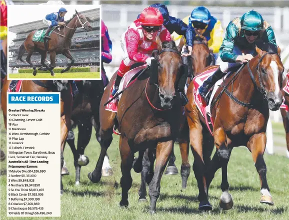  ?? Pictures: MICHAEL KLEIN and DAVID MOIR ?? The David Hayes-trained two-year-old filly Catchy (left), ridden by Craig Williams, claims a gallant Pariah (Blake Shinn) to win the Blue Diamond Stakes (1200m) at Caulfield yesterday. Inset: The unstoppabl­e WInx (Hugh Bowman) winning the Chipping...