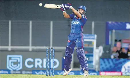  ??  ?? Delhi Capitals opener Prithvi Shaw began their chase in style, hitting six boundaries in the first over off Kolkata Knight Riders bowler Shivam Mavi.