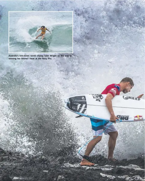  ??  ?? Australia’s two-times world champ Tyler Wright on the way to winning her Round 1 heat at the Roxy Pro.