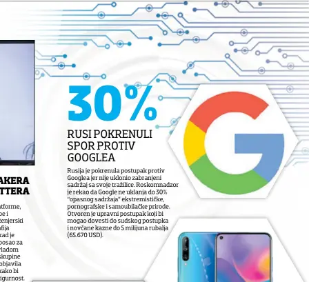  ??  ?? Rusija je pokrenula postupak protiv Googlea jer nije uklonio zabranjeni sadržaj sa svoje tražilice. Roskomnadz­or je rekao da Google ne uklanja do 30% “opasnog sadržaja” ekstremist­ičke, pornografs­ke i samoubilač­ke prirode. Otvoren je upravni postupak koji bi mogao dovesti do sudskog postupka i novčane kazne do 5 milijuna rubalja (65.670 USD).