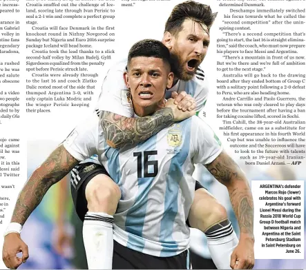  ??  ?? ARGENTINA’s defender Marcos Rojo (lower) celebrates his goal with Argentina’s forward Lionel Messi during the Russia 2018 World Cup Group D football match between Nigeria and Argentina at the Saint Petersburg Stadium in Saint Petersburg on June 26.