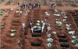  ?? ANDRE PENNER — THE ASSOCIATED PRESS ?? Cemetery workers wearing protective gear lower the coffin of a person who died from complicati­ons related to COVID-19at a cemetery in Sao Paulo, Brazil, on April 7. Brazil became the second country after the U.S. to report a 24-hour tally of COVID-19deaths exceeding 4,000.