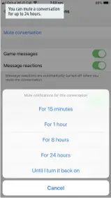  ??  ?? You can mute a conversati­on for up to 24 hours.